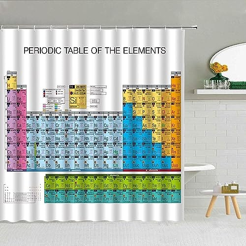 Latwerio 3D Duschvorhang 180x180 Periodensystem Duschvorhänge Antischimmel Wasserdicht Badevorhang Periodensystem Duschrollo für Badewanne Dusche Shower Curtains, 12 Duschvorhang Ringe