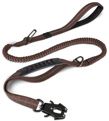 Joytale Taktische Hundeleine, 1.2m-1.8m Bungee Hundeleine Reflektierend mit 2 Gepolsterten Griffen, Autosicherheitsgurt, Leine Hund ohne Zugkraft für Mittelgroße, Große, X-Große Hunde, Braun