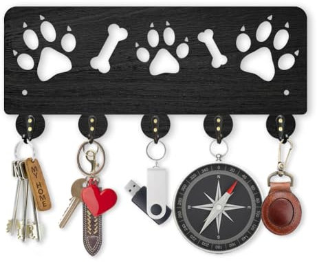 MAYJOYDIY Dog Paw Prints Bone Key Holder - Wall Mounted Decorative Animal Key Rack with 5 Alloy Hooks - 30x13.2cm - Dog Leash Hanger - Art Home Wall Decor