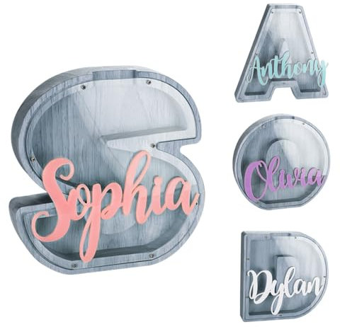 Sparschwein mit mehrfarbigem Text, personalisierbar, aus Holz, für Kinder, Buchstaben, Münzen, Spardose, Heimdekoration, Weihnachten, Geburtstag, Geschenk für Mädchen und Jungen, Grau