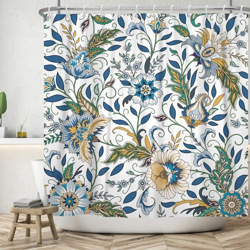 ASDCXZ Rideau de Douche Fleurs 180x200 cm, Printemps Vintage Bleu Jaune Boho Fleurs Feuilles Vertes Blanc Lavables Textile Rideau de Bain imperméable pour Baignoire avec 12 Crochets