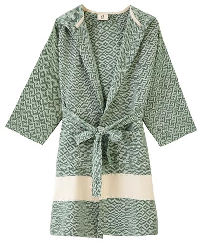 Vi'Cotton Bademantel mit Kapuze, weicher Fleece-Bademantel für Damen und Herren, luxuriöser Dusch- und Bademantel mit Kapuze, schnell trocknender Baumwollmantel, Grün / gemustert, Large-X-Large