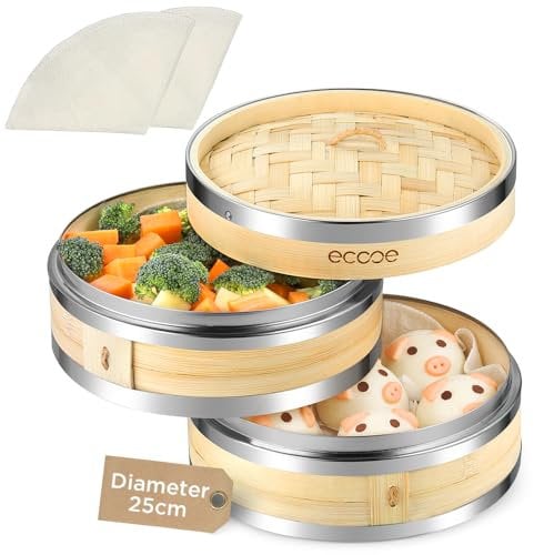 ecooe Vaporera de bambú, 2 niveles de bambú con borde reforzado de acero inoxidable, 25 cm de inserto de vapor con 2 paños de algodón,