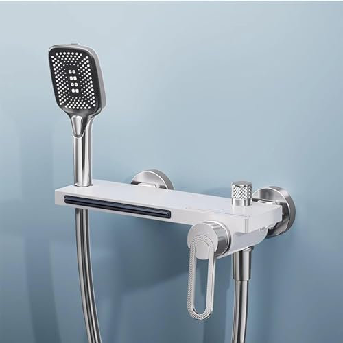 Wasserfall-Badewannenarmaturen, Wandmontage, Badewanne, Dusche, Badezimmer-Mischbatterien mit Duschaufsatz, Badezimmer-Wanneneinlaufarmaturen, Chrom + Weiß