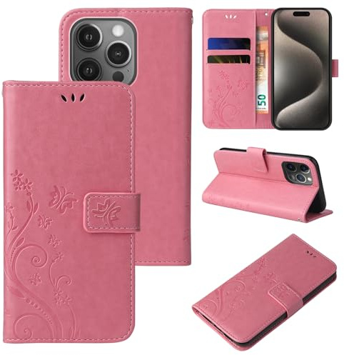 LBH Handy Hülle für Apple iPhone 15 Pro Case Handytasche Schmetterling Blumen Flower Standfunktion Schutzhülle Magnet Rundum Schutz 360 Grad Flipcase Cover Rosegold