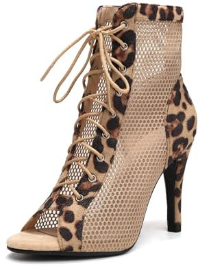 SWDZM Stivali da Ballo Latino Americano Donna con Punta Aperta Maglia Salsa Tango Bachata Scarpe da Ballo da Sala,Leopardo,Tacco 9.5cm,Suola in Gomma,35EU