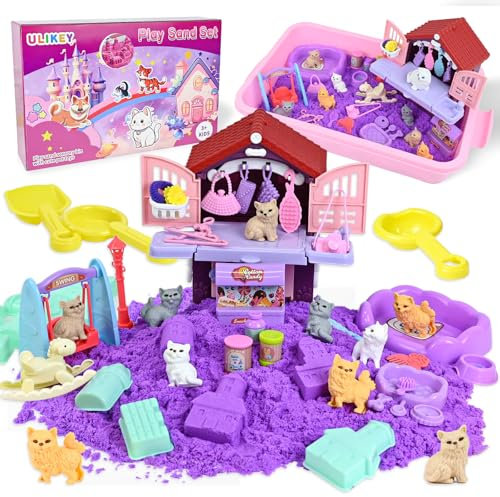 Ulikey Sandbox Set, Geschenke für Mädchen Tierpflege Spielzeug Magic Spielsand Koffer mit 1kg Knetsand, Miniatur-Hauskatzen Sensorisch Sandspielzeug, Kreatives Indoor-Sandspiel für Kinder