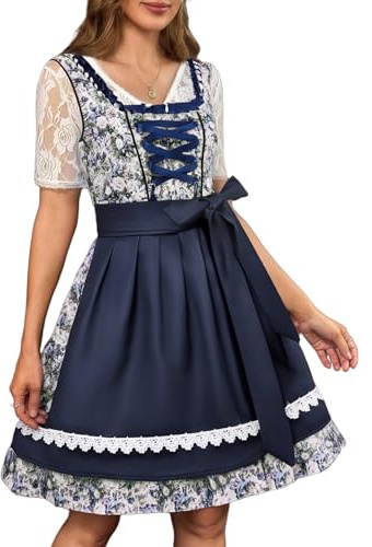 Zeagoo Dirndl - Robe midi élégante pour femme - 2 pièces - Costume traditionnel allemand - Fête de la bière - Avec tablier, Petites fleurs bleues, XS