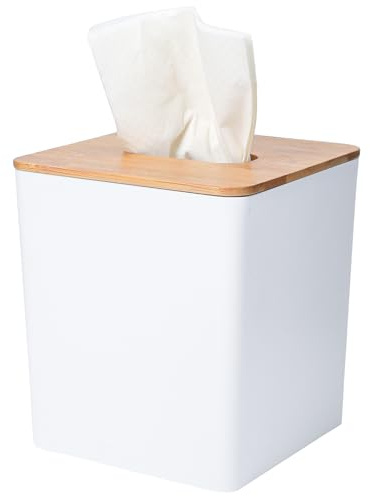 Housse de boîte à mouchoirs carrée avec couvercle en bambou, support de feuille de sèche-linge pour décoration moderne de style rustique et bohème, 1 pièce, blanc