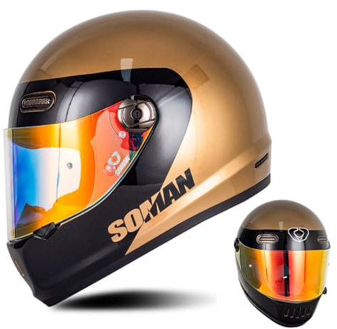 DXDRT Retro Full Face Motorradhelm, DOT/ECE Genehmigt Vintage Motorradhelm Für Kreuzer, Roller & Mopeds, Motorradhelme Für Männer, Frauen Und Jugend,Gold,XXL 63~64cm