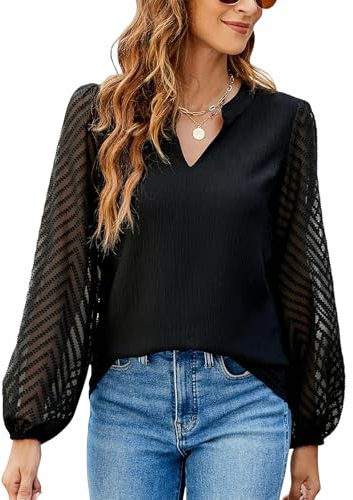Atxnn Damen Blusen Spitze Langarm Oberteile Elegant Chiffon Tops V Ausschnitt Lässige Blusenshirt Arbeit Shirt Hemd für Frühling und Herbst, SCHWARZ XL