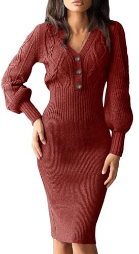 Cicy Bell Damen Pulloverkleid V-Ausschnitt Knielang Strickkleid mit Knopf Sexy Laterne Langarm Kleider Lang Winter Midikleid Weinrot,M
