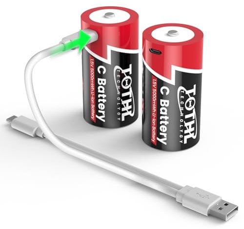 【2 Packs】C batteries rechargeable with 2 in 1 USB-C Lithium C batteries charging cable, C Cell Li-ion Battries, LR14 1.5V C Size Cell Battery Replacement 5000mWh for floodlight toys (2 Packs)