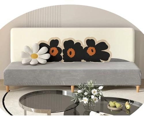 ZIUSFAC Armless Sofabezug Faltbar Sofaüberwurfe Elastisch Futonbezug Waschbar Futon Abdeckung Bedruckte Sofabettüberzug Mit Elastischer Boden rutschfest(Beige-Gray,Long 130-159cm)
