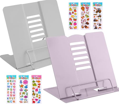 2 Stück Leseständer, Lostwry Leseständer Metall Buchständer Kinder Schule Bücherständer 6 Stufen Verstellbar Kochbuchständer Tablette Buchständer für Küche Büro Schule Zuhause (Grau+Lila)