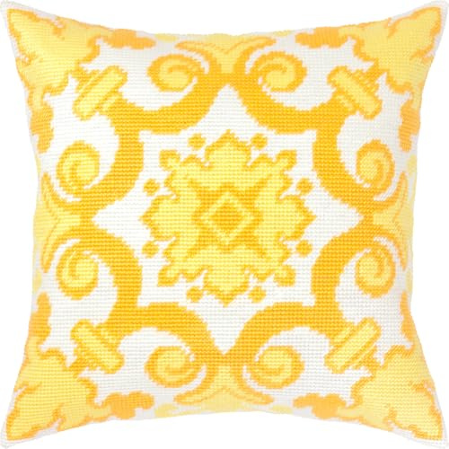 Brvsk Gelbes Ornament Stickset mit bedruckter Tapisserie Leinwand (40 × 40 cm) — Stickkissen-Kit für kreative Wohnkultur — Handarbeitsset für Erwachsene Anfänger