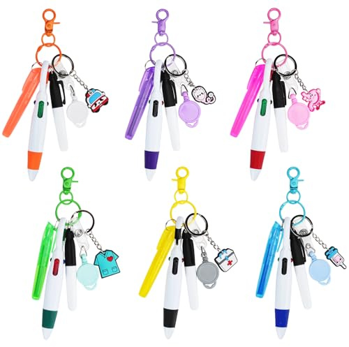 6Stück Krankenschwester Stifteset, Enthalten 6 Stück 4 Farbe Kugelschreiber | 6 Textmarker, 6 Marker, 6 Schlüsselanhängerclips, 6 Cartoon Schlüsselanhänger, 6 Leicht zu Ziehende Schnalle, für Arzt Lehrer