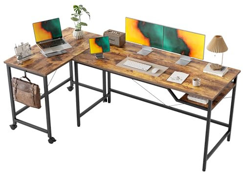 Mericonia 160 cm Computertisch mit Rollen, umschaltbarer L-förmiger Spieltisch, Homeoffice-Arbeitstisch mit 2 V-förmigen Stangen für das Homeoffice, Studentenarbeitszimmer, Braun