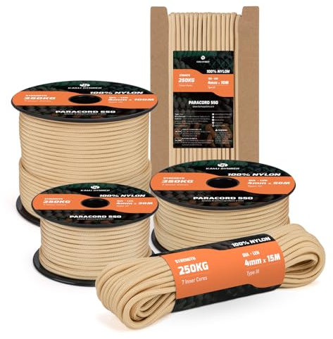 Kamu Synber 550 Paracord 4mm 15m Typ III Schnur 7 Stränge Nylon Seil Fallschirmschnur für Basteln, Outdoor, Camping, Survival | Tragkraft 250kg | Khaki
