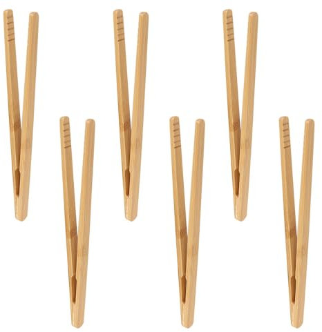 Azlanway Lot de 6 pinces à barbecue en bambou - 17,8 cm - Petite pince à buffet pour barbecue, fromage, bacon, muffins, fruits, pain