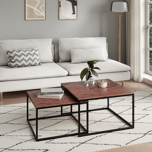 Home Collective Couchtisch 2er Set quadratisch aus Holz, Wohnzimmertisch Modern, Beistelltisch Set 2 in 1 mit Metallgestell für Wohnzimmer Büro Beistelltisch Loft Design Twin | Eiche dunkel