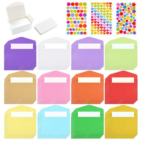 Lvjkes Mini Briefumschläge, 72 Stück Mini Umschläge, 100 Stück Weiße Leere Karten und 3 Blatt Aufkleber Umschlag, für DIY Bastelprojekte, Hochzeit Geburtstagsfeier Einladung