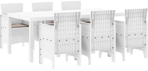 vidaXL 7-TLG. Garten Essgruppe mit Kissen Weiß Poly-Rattan