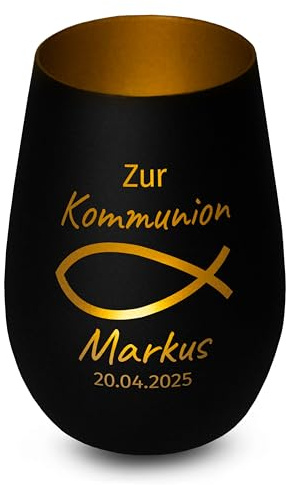 Christliches Windlicht „Zur Wunschtext“ – personalisiertes Geschenk zur Taufe, Kommunion, Konfirmation, Firmung – Name & Datum – Fisch-Symbol – christliche Deko - Schwarz, innen Gold