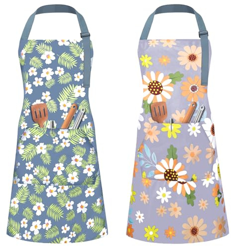 Chsukozic Schürze Damen Kochschürze 2er Set - Küchenschürze Damen Blumen (73x65cm) mit 2 Taschen - Kittelschürze Oma, Kochschürze & Apron Geschenk