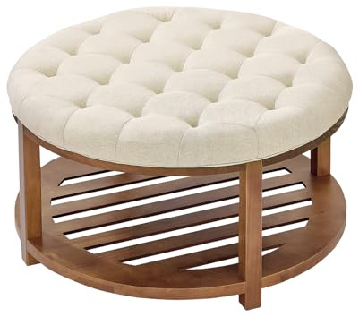 VEVOR Grande Table Basse Ronde capitonnée en Lin, 810 mm, Repose-Pieds rembourré avec étagère de Rangement en Bois Massif, capacité de Poids 158,76 kg, pour Chambre à Coucher, Salon, Couleur Lin