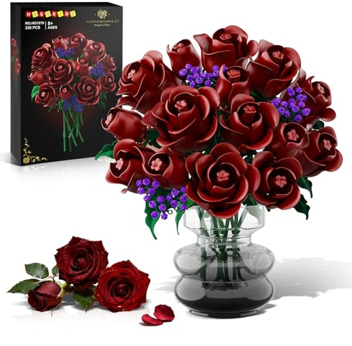 HOGOKIDS Kit de Construction Bouquet de Fleurs, 15 Roses Bordeaux 330 pièces Collection botanique Roses Rouge Profond Blocs Fleurs Décoration Gothique pour épouse Adultes et Jeunes Filles