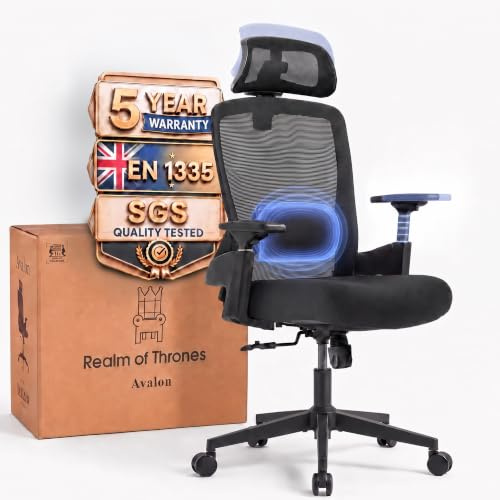 Realm of Thrones Ergonomic Office Chair, 3D Armrests and 2D Lumbar Support | AVALON High Back Mesh Desk Chair for Home Ofzfice, 3D Headrest, 10cm Memory-Foam Seat, 135° Recline, 150kg, 5-Year Warranty