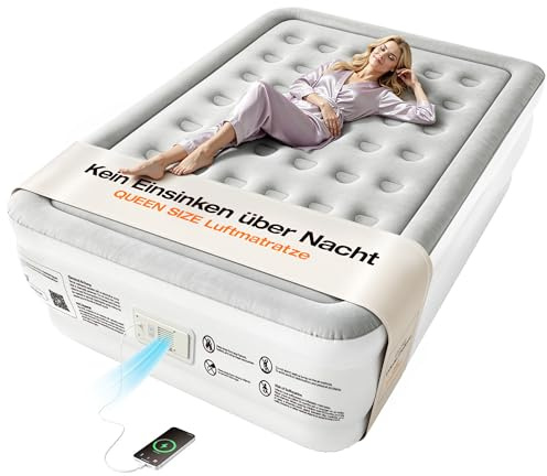 Luftmatratze selbstaufblasend mit automatischem Nachfüllen 203×152 cm | Premium Luftbett mit integrierter Pumpe für 2 Personen, 2,5 Min Aufblasen, weiche Beflockung, leiser Betrieb, Heim & Camping