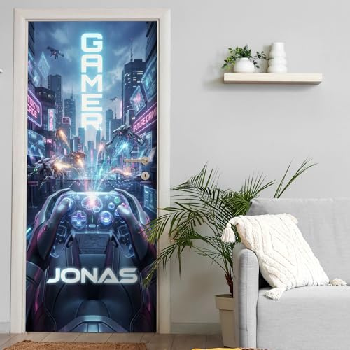 Türtapete selbstklebend | personalisiert mit Namen | 200 x 90 cm Neon Cyberpunk Gamer | Tür Aufkleber Poster Türfolie | Einteilig | Wasserfest 3D Türaufkleber Wandtattoo Türposter Teenager