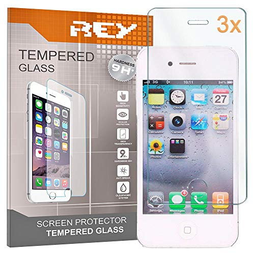 REY Pack 3X Bildschirmschutz aus gehärtetem Glas für iPhone 4 / 4S, Schutzfolie, Displayschutzfolie 9H+ Härte, Anti-Kratzen-Öl-Bläschen