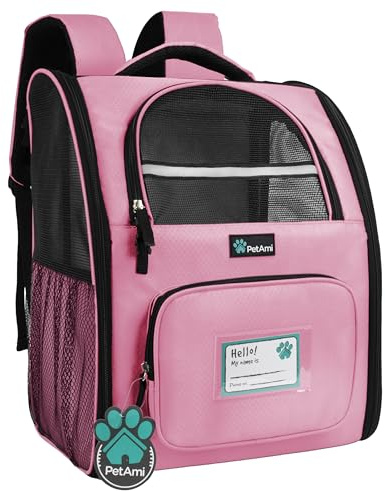 PetAmi Sac à dos de transport ventilé pour chien et chat de petite et grande taille - Sac de voyage approuvé par les compagnies aériennes - Pour camping, vélo et chien jusqu'à 8,2 kg, rose