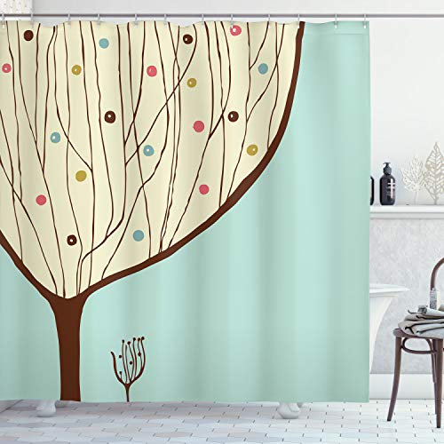 ABAKUHAUS Moderne Kunst Duschvorhang, Aqua Hand gezeichnet Baum, Stoffliches Gewebe Badezimmerdekorationsset mit Haken, 175 x 180 cm, Hellblau Braun