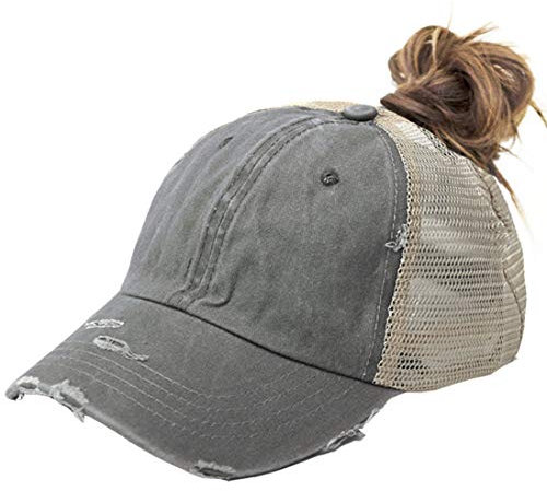Distressed Pferdeschwanz-Mütze für Frauen Baseball Brötchen Mesh Ponycap Dad Hat - Grau - Einheitsgröße