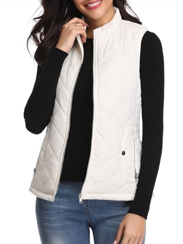 fuinloth Damen Weste, Herbst Leichte Steppweste Westen Ärmellos Jacke Kurz Vest Gilet Weiß XL