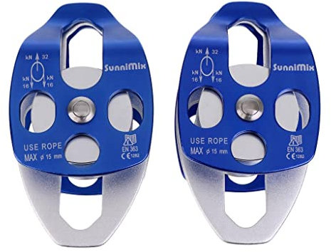 SM SunniMix 2Pcs, 32KN / 7100 lbs Double Mobile Sheave Attachment Pulley/Hitch Climbing Arborist for 15mm Rope Rigging Aerial Tools, Blue