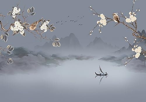STROXTH WALLPAPER Papier Peint Panoramique Floral Sur Mesure Soie Effet 3d Paysage Chinois Bleu Gris Montagne Nature Fleurs Oiseaux Arbre De Vie Chambre Adulte Enfant Zen Poster Geant Mural