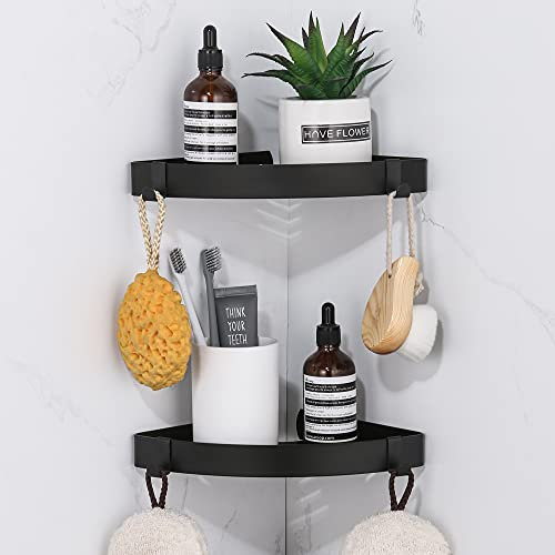 DUFU Duschregal Eckregal, Duschablage Ohne Bohren Badregal Edelstahl Duschkorb Selbstklebend, Ecke Badezimmer Organizer Shampoo Halterung mit 4 Haken für Dusche, 2 Stück Schwarz