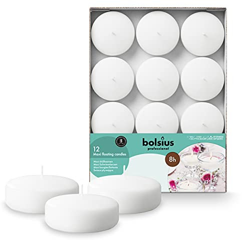 Bolsius - Velas flotantes Maxi - Blanco - 12 piezas en una caja - Ø 3 pulgadas - Tiempo de combustión 8 horas - Sin fragancia - Cera de parafina - Vela flotante XL - Varias ocasiones