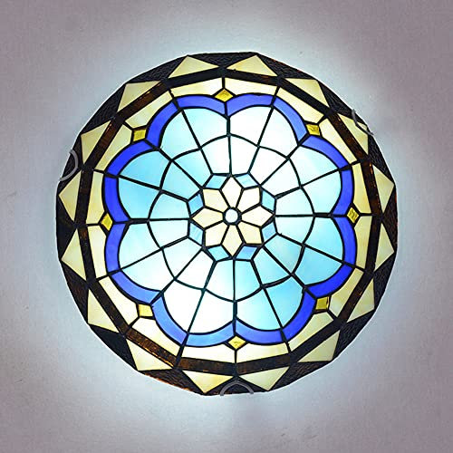 Vintage Schlafzimmer Deckenleuchte Tiffany Antik Wohnzimmer Deckenlampe Jugendstil Mediterraner-Lampen Farbe Glas Lampenschirm Für Balkon Flur Badezimmer Flush Mount Dekorative Leuchten E27 (40CM)