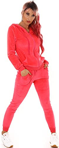 Jela London Damen Nicki Hausanzug Jogginganzug Velour Samt Jogging Freizeit Hose Kapuzen Jacke, Neon-Pink, 38-40 (L)