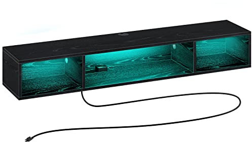 Rolanstar TV-Ständer mit Steckdose, schwimmender TV-Ständer mit RGB-Lichtern, 55 Zoll Wandmontiertes TV-Regal, schwarze Medienkonsole mit Aufbewahrungsregal, Unterhaltungsregal unter dem Fernseher für