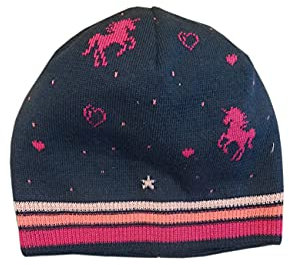 maximo MINI Girl-Mütze, Navy/Sangria, randlos, Jacquard, Motiv Einhorn, Gr. 51