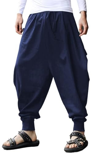 PACEIADTA Men Elastic Waist Harem Pants Loose Drawstring Drop Crotch Trousers, Navy, Large