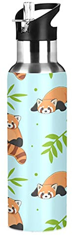 JUMBEAR Gourde Acier Isotherme en Acier Inoxydable avec Motif Panda Rouge et Bambou - Anti-fuite - Large Ouverture avec Couvercle à Paille - Pour Fitness, Gym et Sports de Plein Air - 650 ml