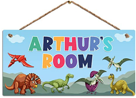 Personalised Room Sign with Childs Name - Cartoon Dinosaur Theme. Gloss Metal Wall Art. Baby, Toddler, Infant Bedroom.